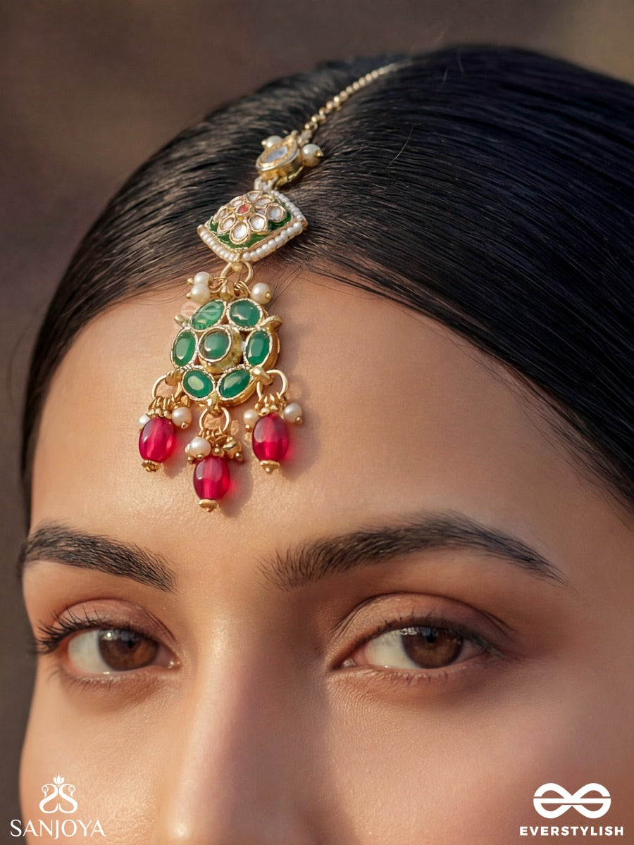 Rangalankara - Ornament Of Colours - Ornate Maangtika With Gemmed Panels, Green Stone Details And Dangling Pearl Drops