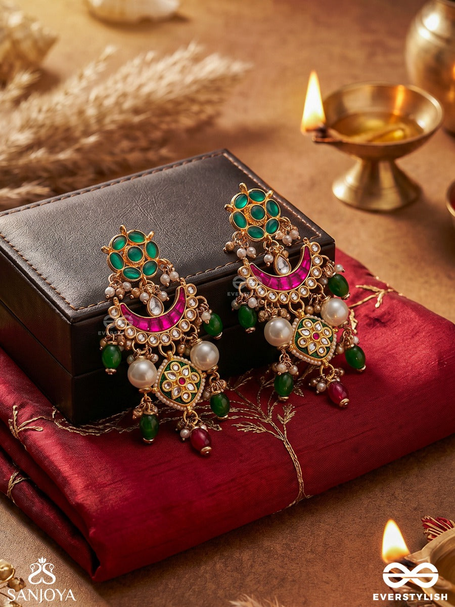 Rangalankara - Ornament Of Colours - Statement Earrings With Enamelled Motifs, Green Stone Clusters And Pearl Drop Accents