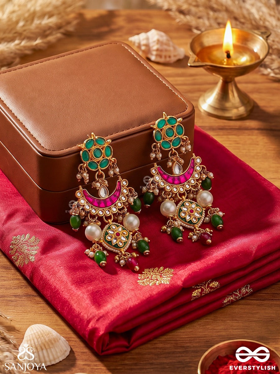 Rangalankara - Ornament Of Colours - Statement Earrings With Enamelled Motifs, Green Stone Clusters And Pearl Drop Accents
