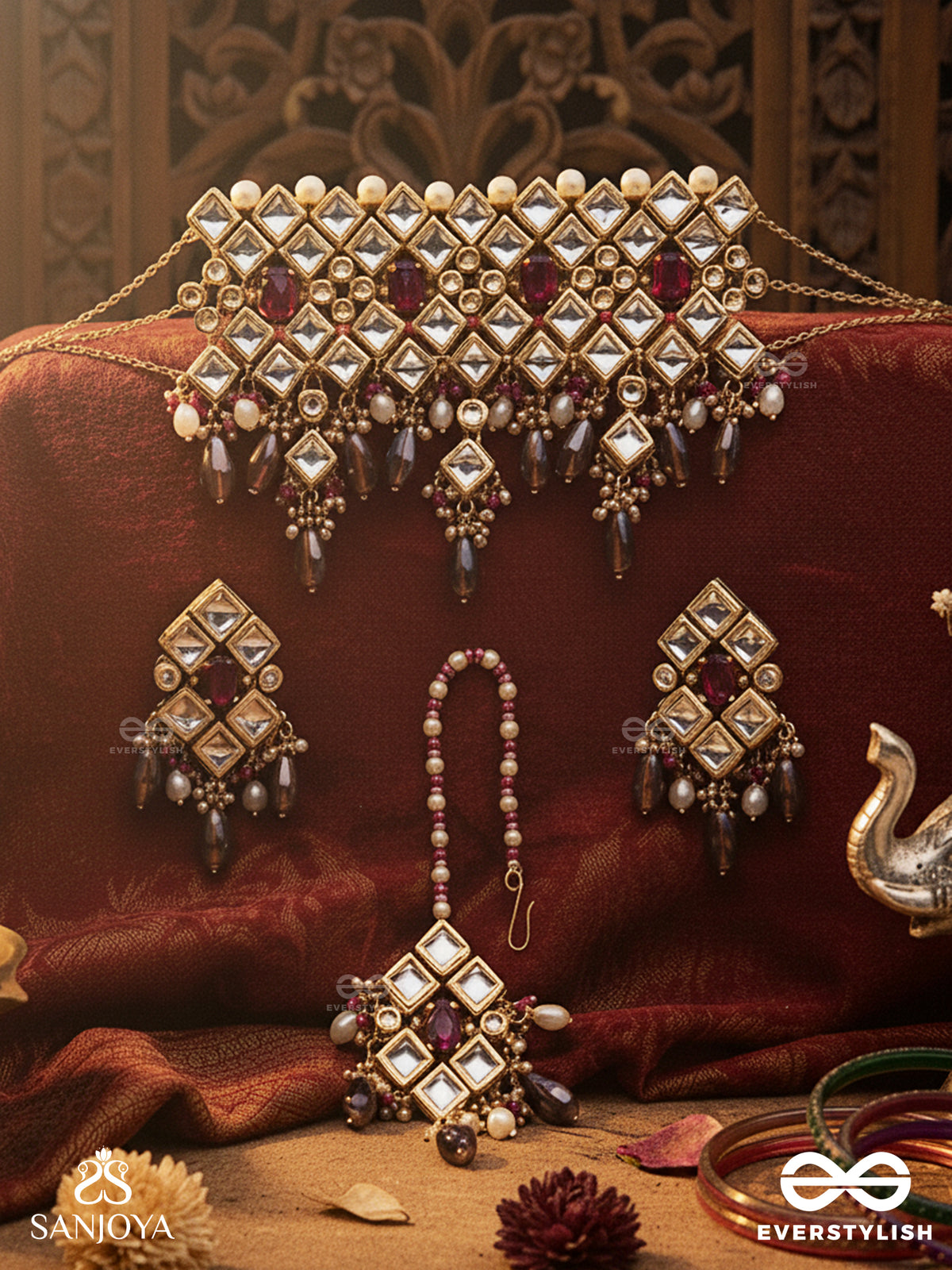 Dharaharatna - Jewel Of Heritage - Hand Embroidered Bridal Kundan Set With Choker Neckpiece, Earrings And Maangtika