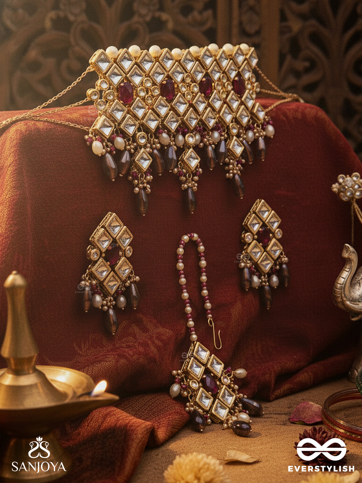 Dharaharatna - Jewel Of Heritage - Hand Embroidered Bridal Kundan Set With Choker Neckpiece, Earrings And Maangtika