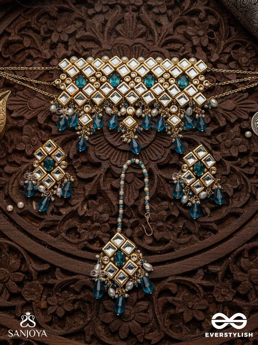Samudrashanta - Calmness Of The Ocean - Hand Embroidered Bridal Kundan Set With Choker Neckpiece, Earrings And Maangtika