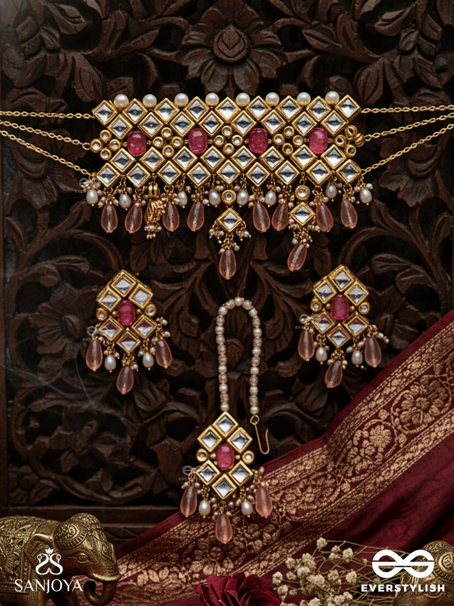 Samruddhimala - Garland Of Prosperity - Hand Embroidered Bridal Kundan Set With Choker Neckpiece, Earrings And Maangtika