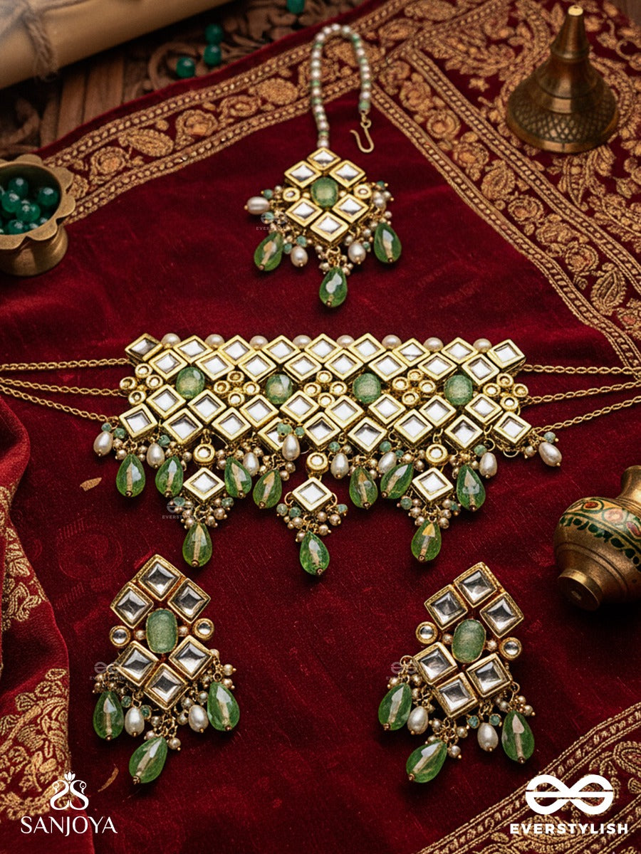 Anandasarita - River Of Bliss - Hand Embroidered Bridal Kundan Set With Choker Neckpiece, Earrings And Maangtika