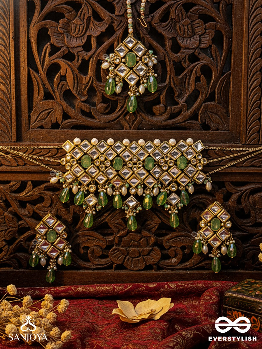 Anandasarita - River Of Bliss - Hand Embroidered Bridal Kundan Set With Choker Neckpiece, Earrings And Maangtika