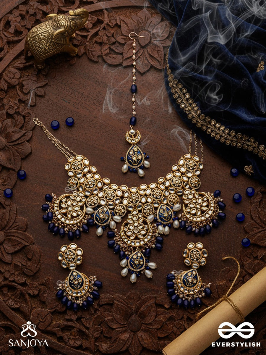 Nirasundari - Ocean Beauty - Hand Embroidered Bridal Kundan Set With Necklace, Earrings And Maangtika