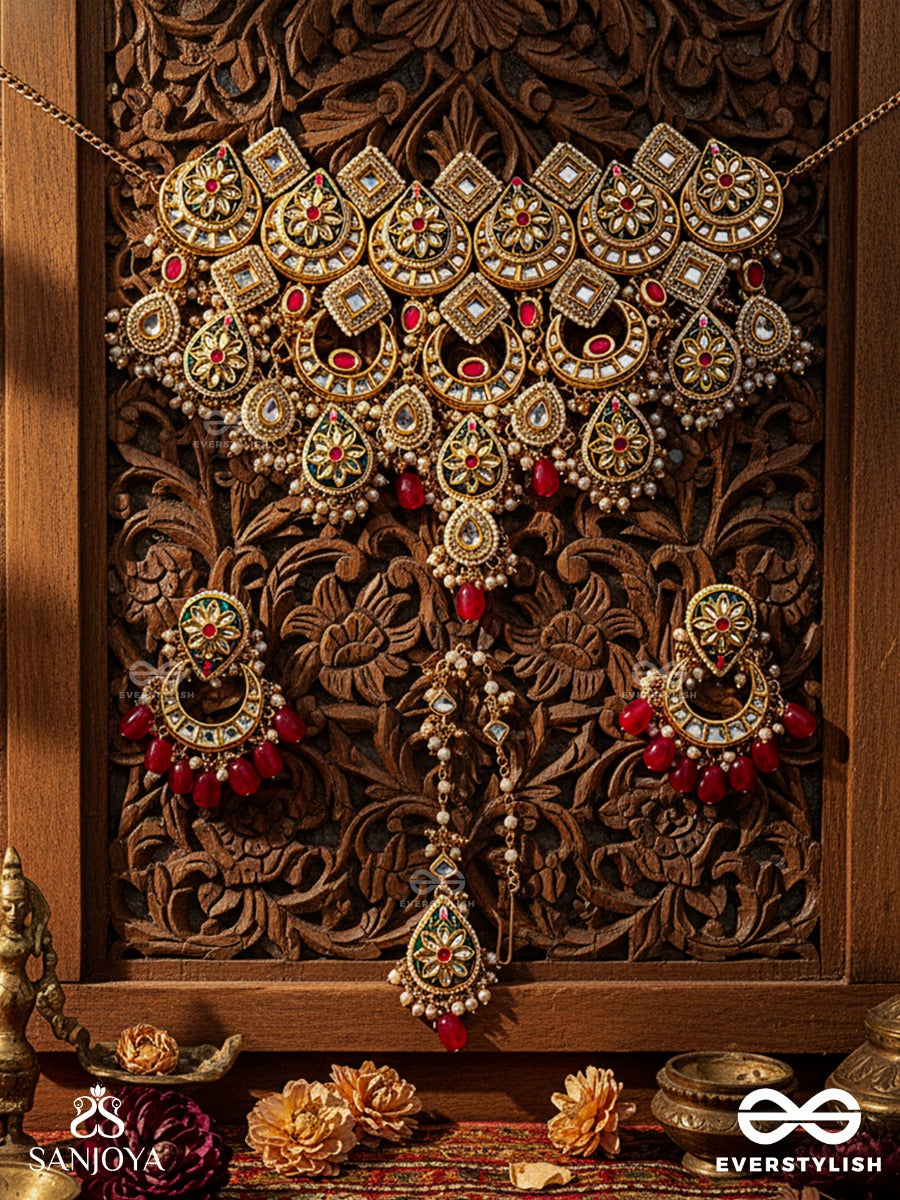 Rajatilaka - Royal Crown - Hand Embroidered Bridal Kundan Set With Choker Neckpiece, Earrings And Maangtika