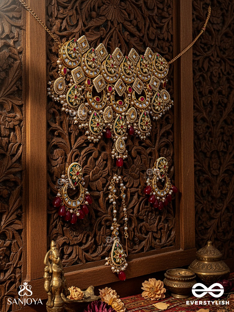 Rajatilaka - Royal Crown - Hand Embroidered Bridal Kundan Set With Choker Neckpiece, Earrings And Maangtika