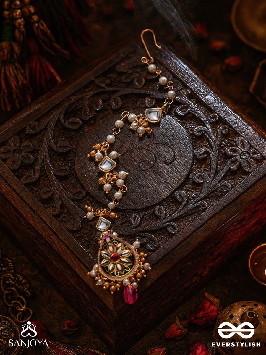 Rajatilaka - Royal Crown - Hand Embroidered Bridal Kundan Set With Choker Neckpiece, Earrings And Maangtika