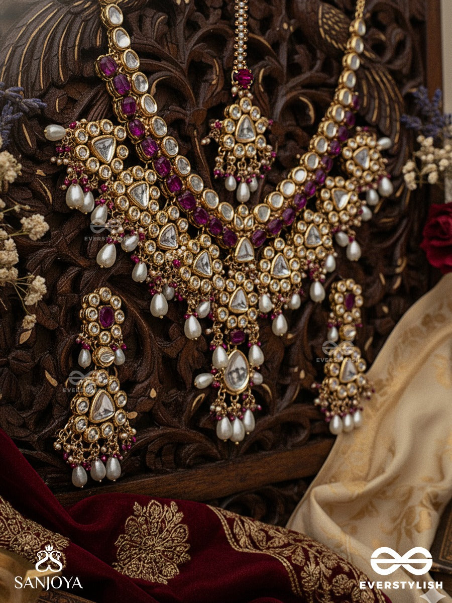 Premabhavini - Radiating Love - Hand Embroidered Bridal Kundan And Pearl Set With Necklace, Earrings And Maangtika