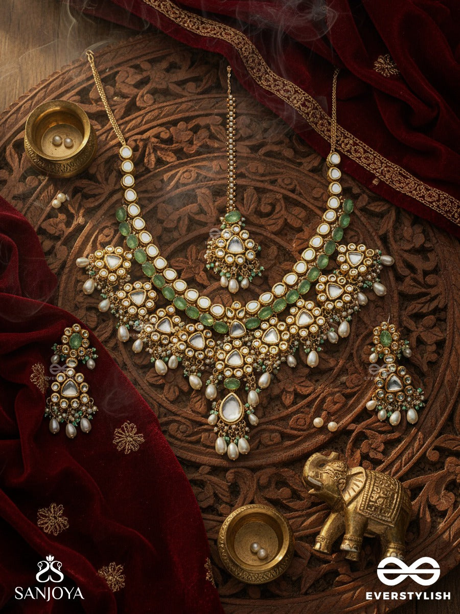 Madhurashri - Sweet Splendor - Hand Embroidered Bridal Kundan And Pearl Set With Necklace, Earrings And Maangtika