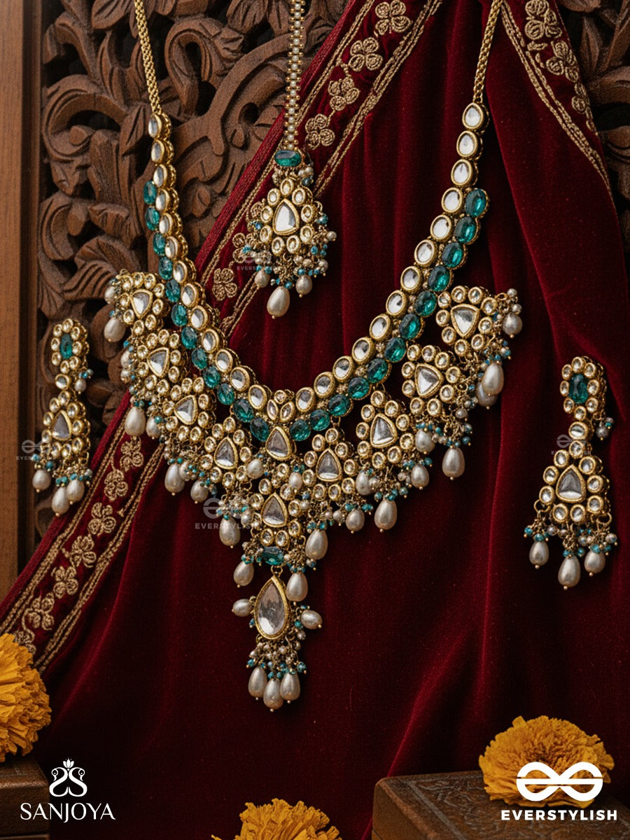 Varunipriya - Beloved Of The Ocean - Hand Embroidered Bridal Kundan And Pearl Set With Necklace, Earrings And Maangtika