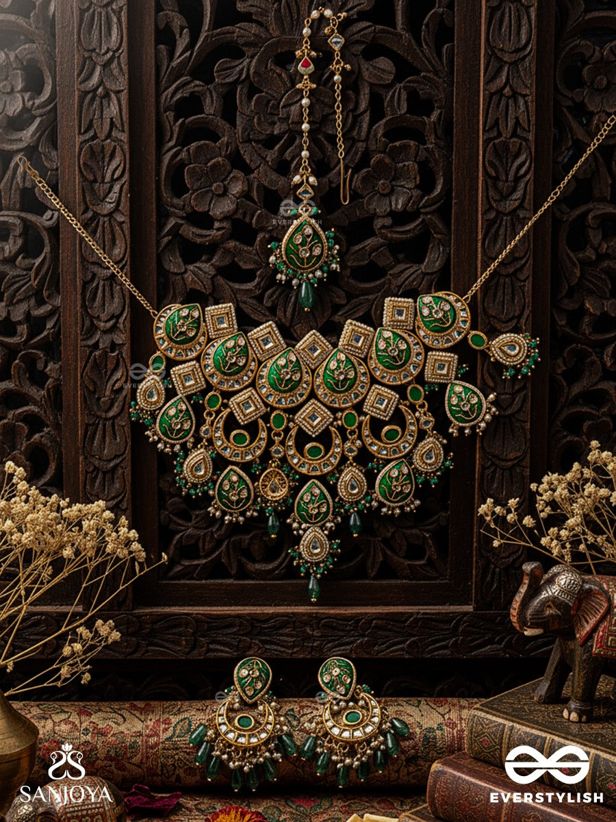 Shuddhananda - Pure Joy - Hand Embroidered Bridal Kundan Set With Choker Neckpiece, Earrings And Maangtika