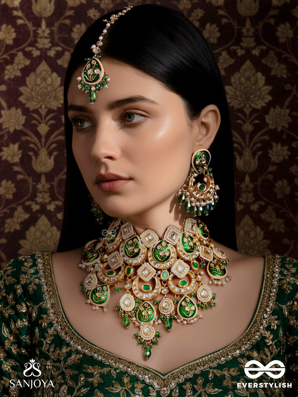 Shuddhananda - Pure Joy - Hand Embroidered Bridal Kundan Set With Choker Neckpiece, Earrings And Maangtika