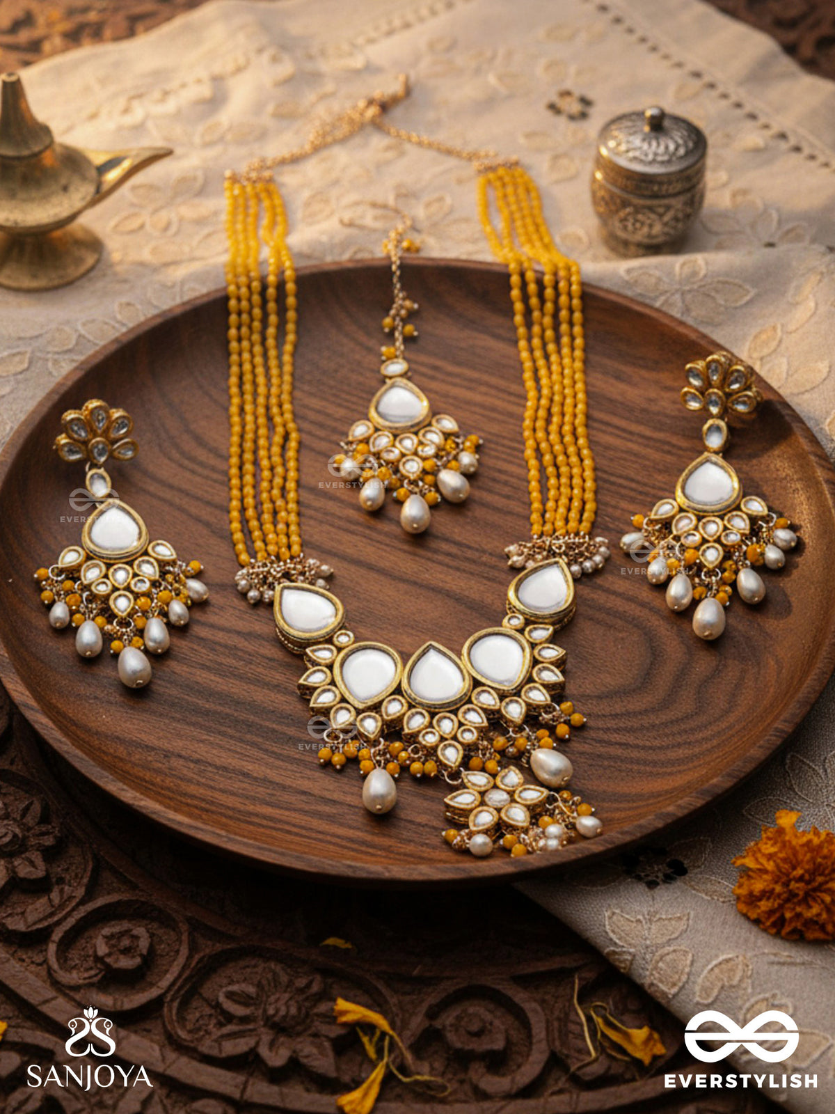 Mangalaprabha - Auspicious Radiance - Hand Embroidered Bridal Kundan And Pearl Set With Necklace, Earrings And Maangtika