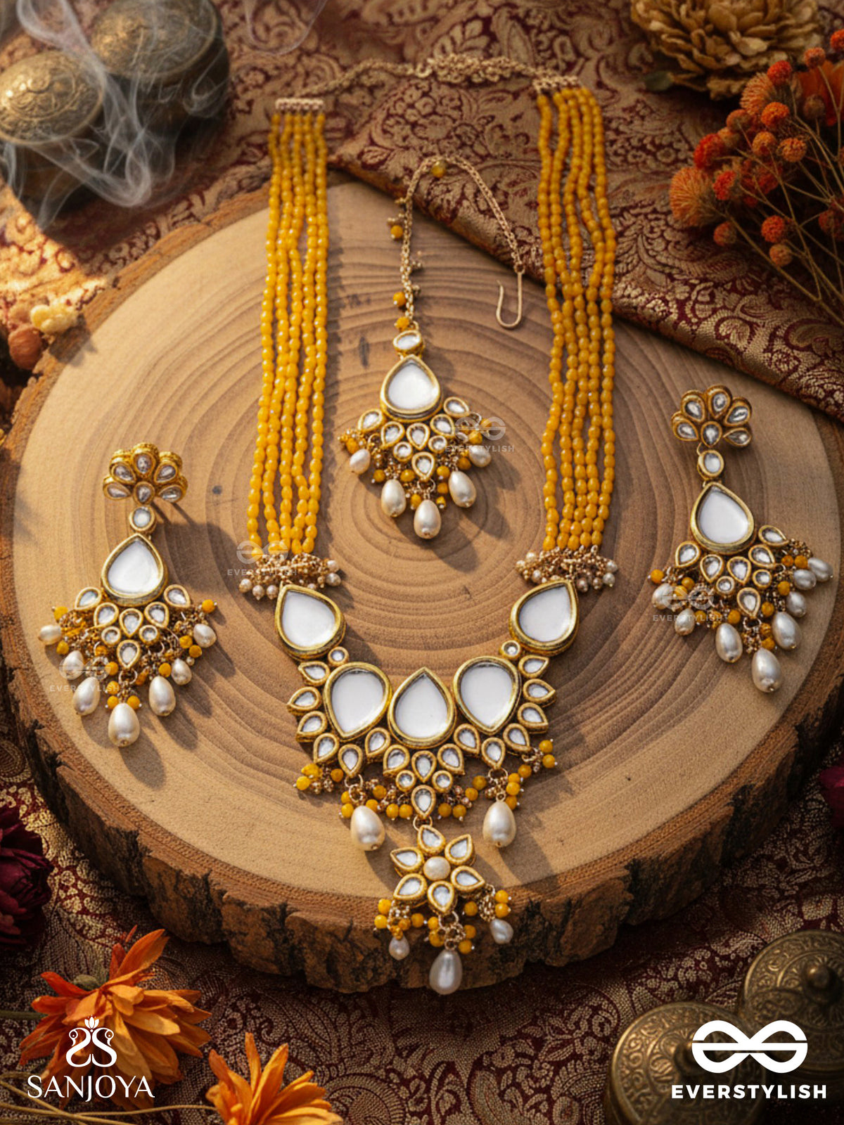 Mangalaprabha - Auspicious Radiance - Hand Embroidered Bridal Kundan And Pearl Set With Necklace, Earrings And Maangtika