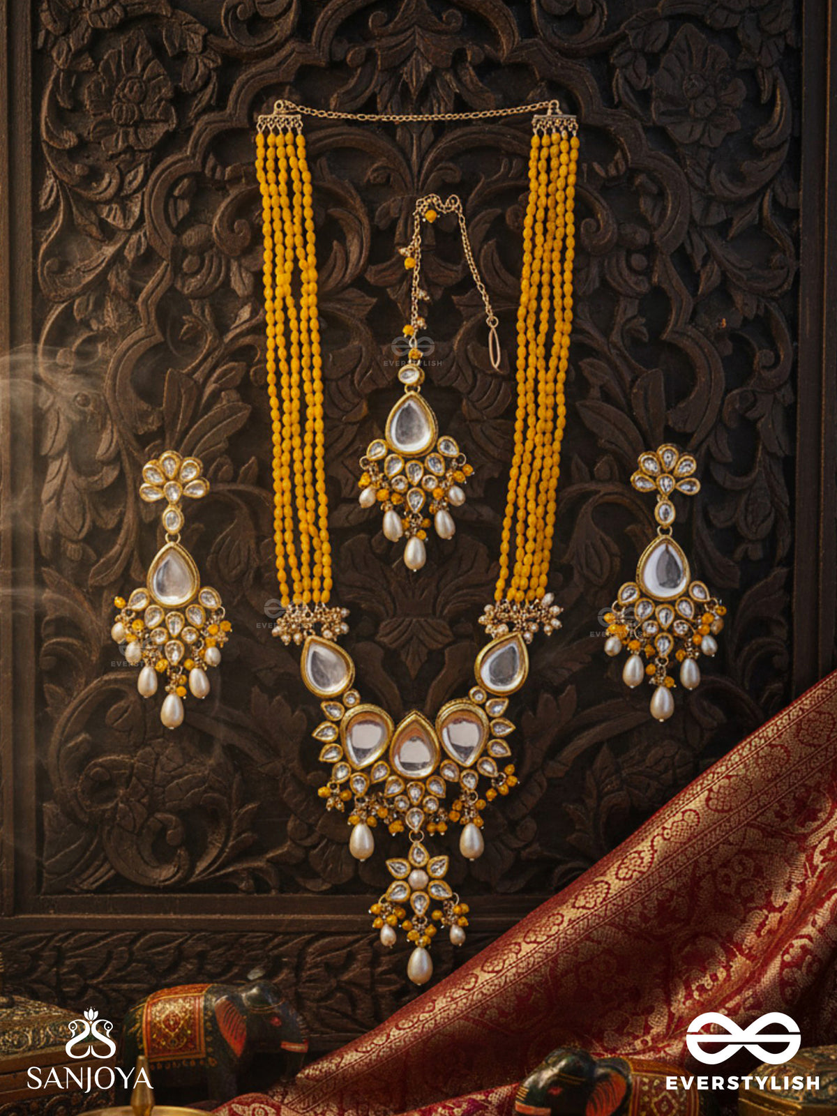 Mangalaprabha - Auspicious Radiance - Hand Embroidered Bridal Kundan And Pearl Set With Necklace, Earrings And Maangtika