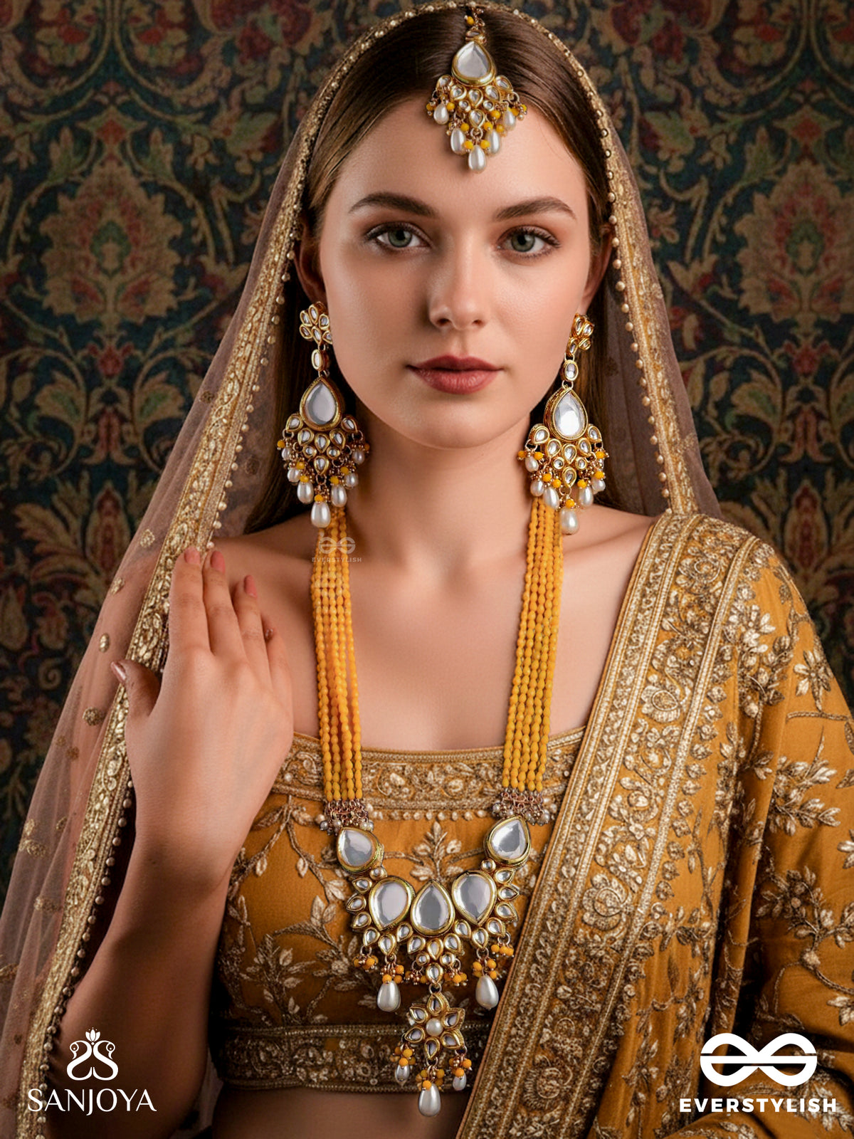 Mangalaprabha - Auspicious Radiance - Hand Embroidered Bridal Kundan And Pearl Set With Necklace, Earrings And Maangtika