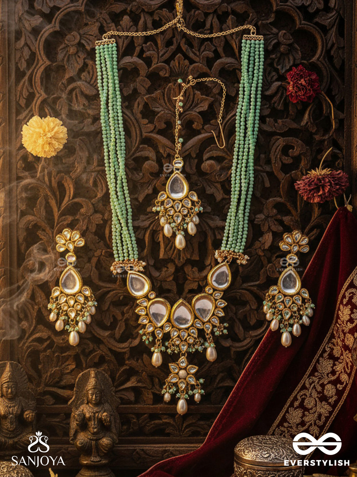 Taralashobha - Flowing Beauty - Hand Embroidered Bridal Kundan And Pearl Set With Necklace, Earrings And Maangtika