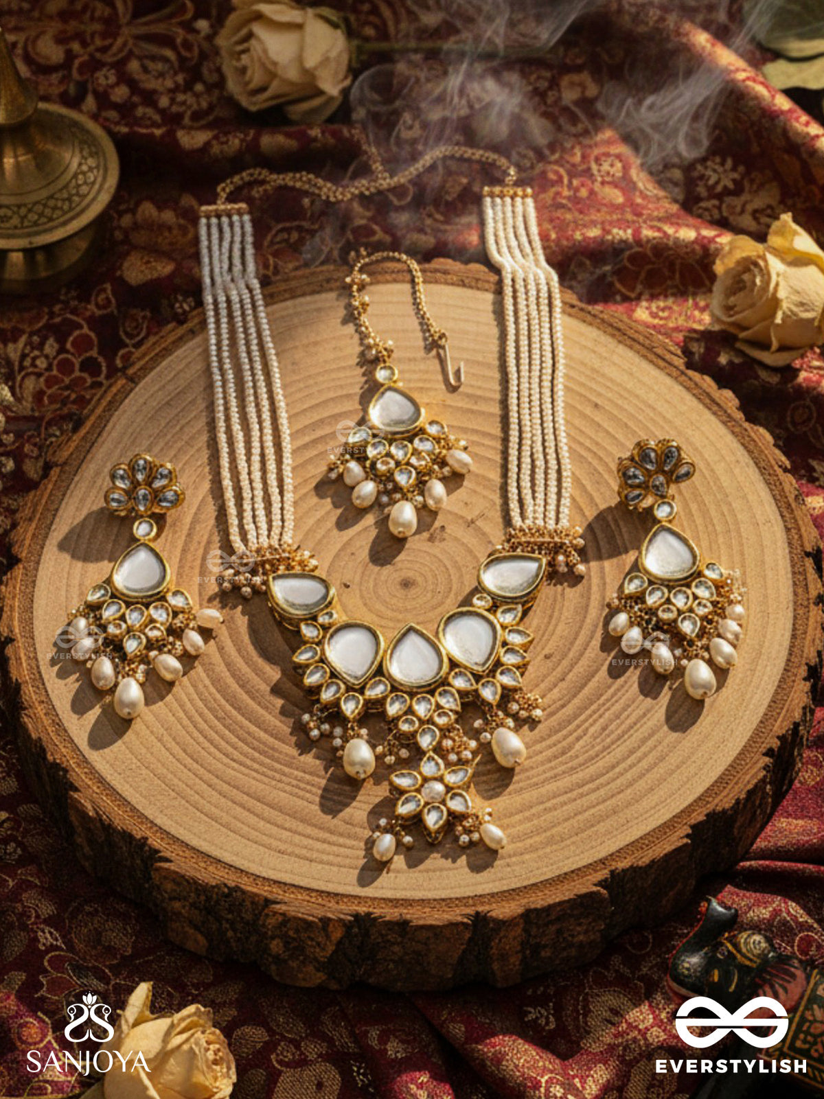 Paramananda - Pure Bliss - Hand Embroidered Bridal Kundan And Pearl Set With Necklace, Earrings And Maangtika