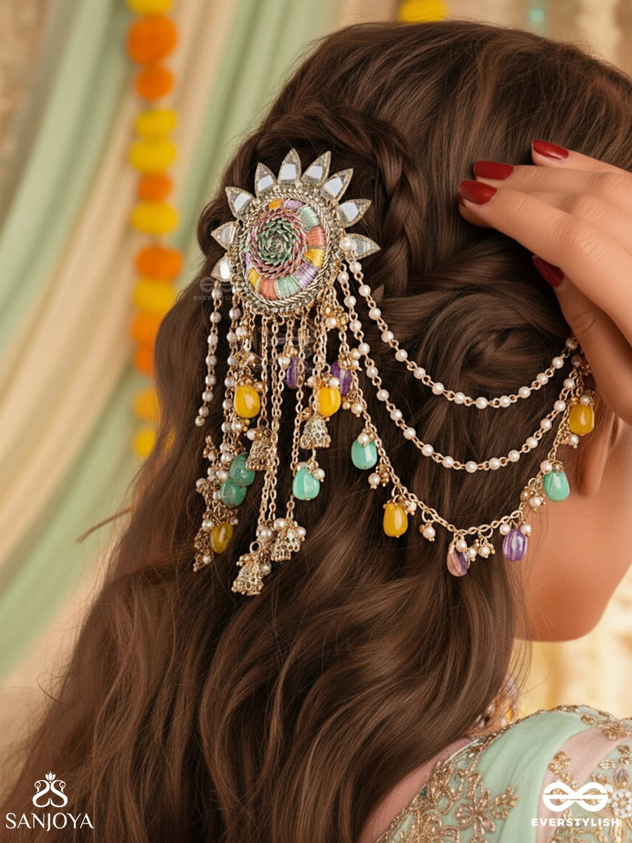 Rangvati - Full Of Colors - Embroidered Mirror Work Hair Accessory With Multi-Colored Beads And Golden Chains
