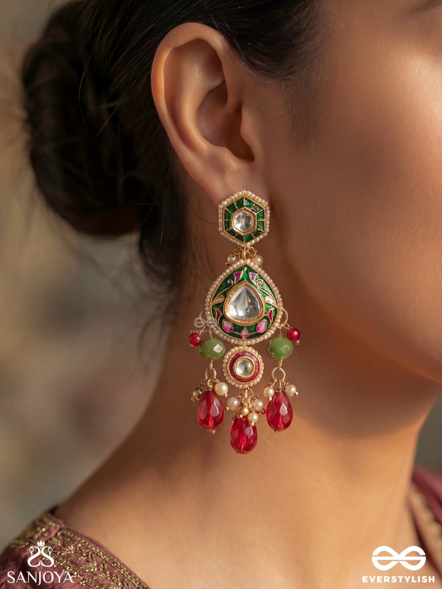 Manitarika - Jewelled Star - Decorative Earrings With Teardrop Design And Ruby Drop Accents