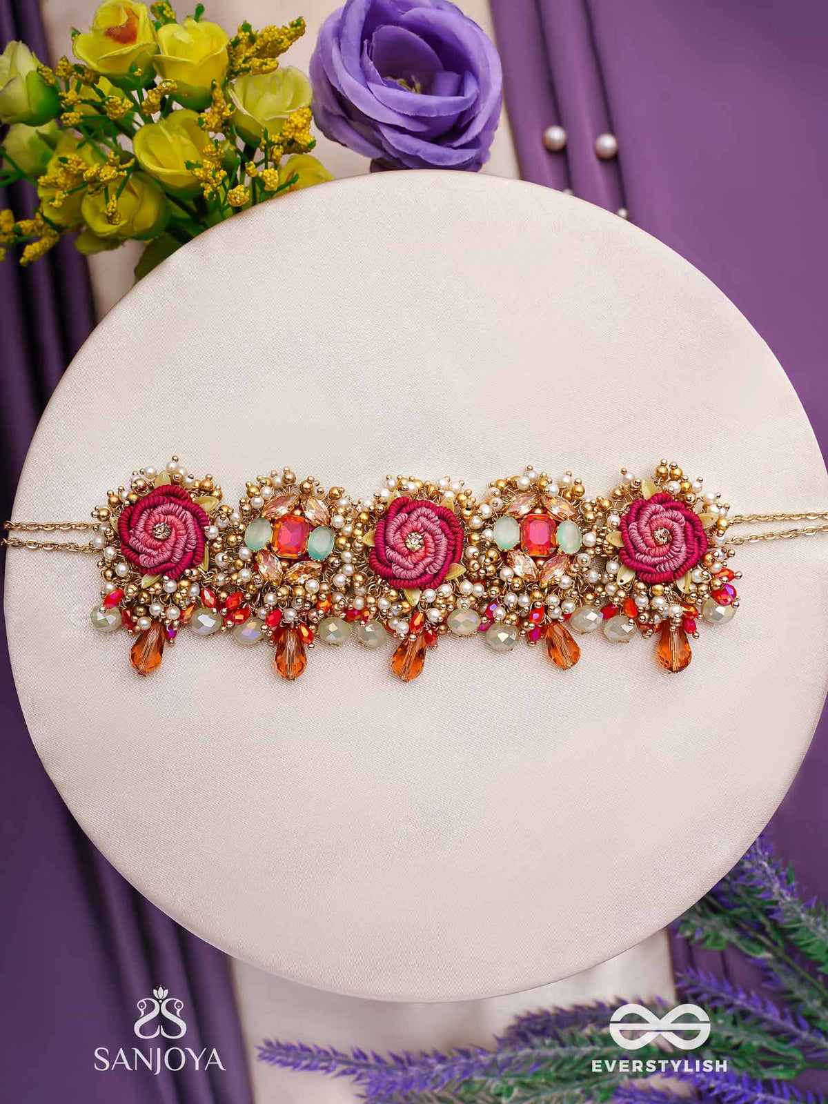 Gulratna - Jewel Of Roses - Handcrafted Rose Choker With Beaded Fringes, Pearls And Gem Details
