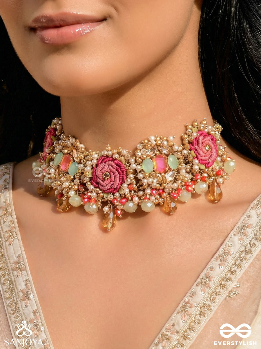 Gulratna - Jewel Of Roses - Handcrafted Rose Choker With Beaded Fringes, Pearls And Gem Details