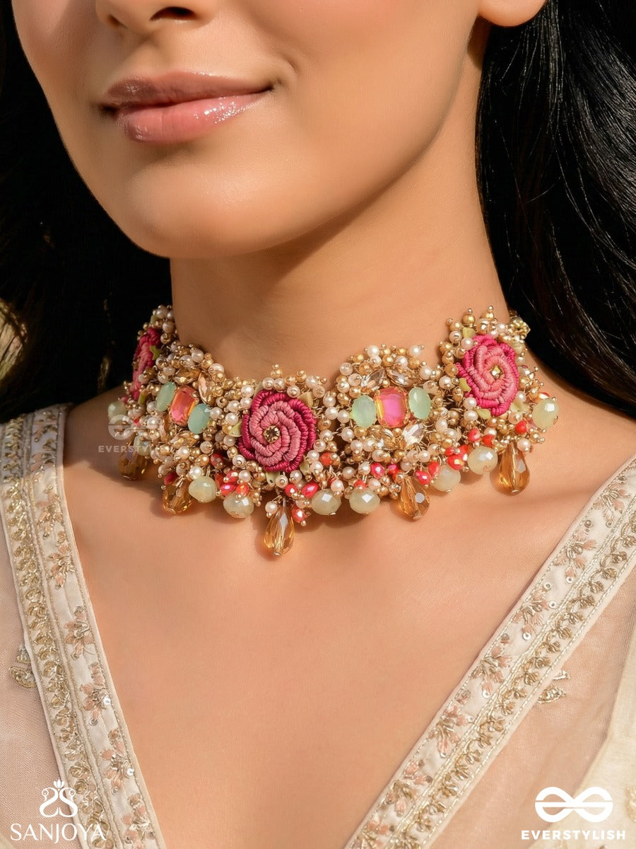 Gulratna - Jewel Of Roses - Handcrafted Rose Choker With Beaded Fringes, Pearls And Gem Details