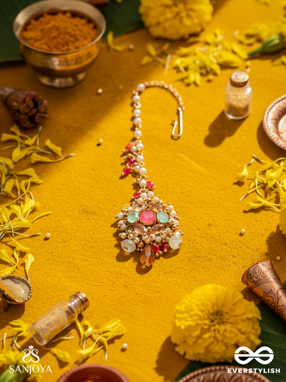 Gulratna - Jewel Of Roses - Handcrafted Rose Maangtika With Beaded Fringes, Pearls And Gem Details