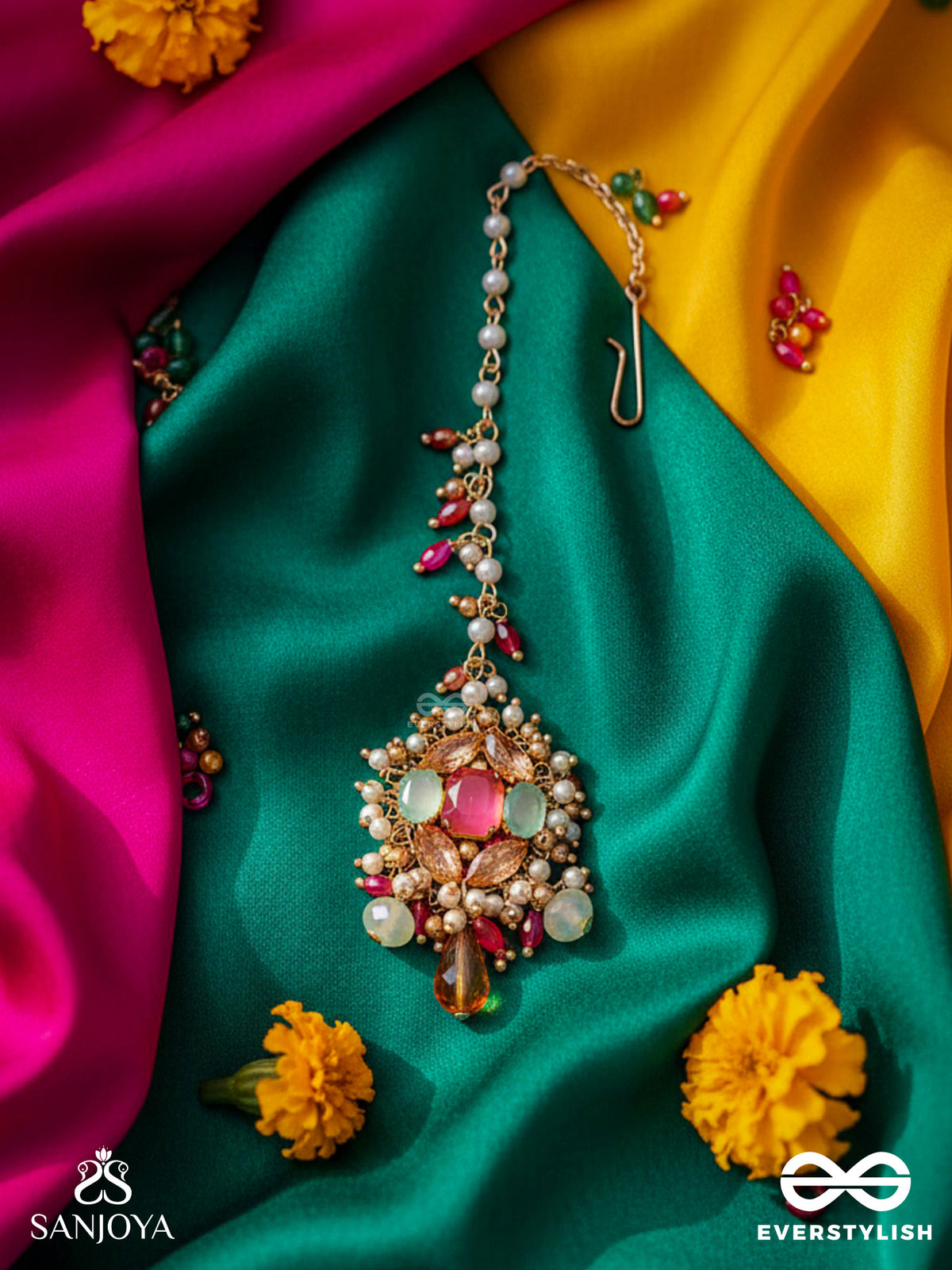 Gulratna - Jewel Of Roses - Handcrafted Rose Maangtika With Beaded Fringes, Pearls And Gem Details