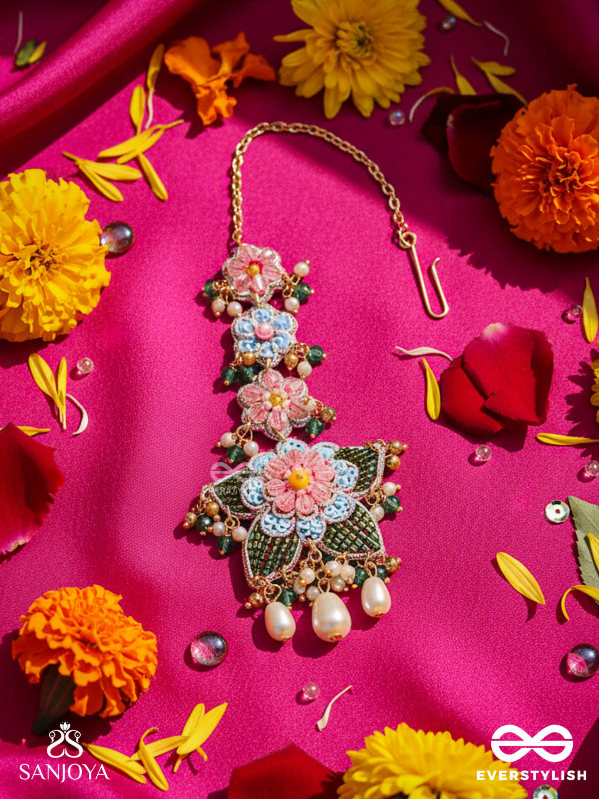 Madhuvrata - Spring Bloom - Delicate Embroidered Maangtika With Floral Motifs, Beads And Pearl Drops