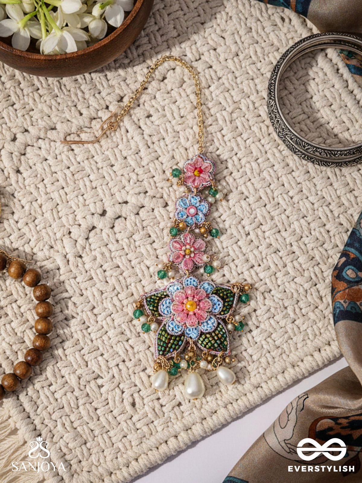 Madhuvrata - Spring Bloom - Delicate Embroidered Maangtika With Floral Motifs, Beads And Pearl Drops