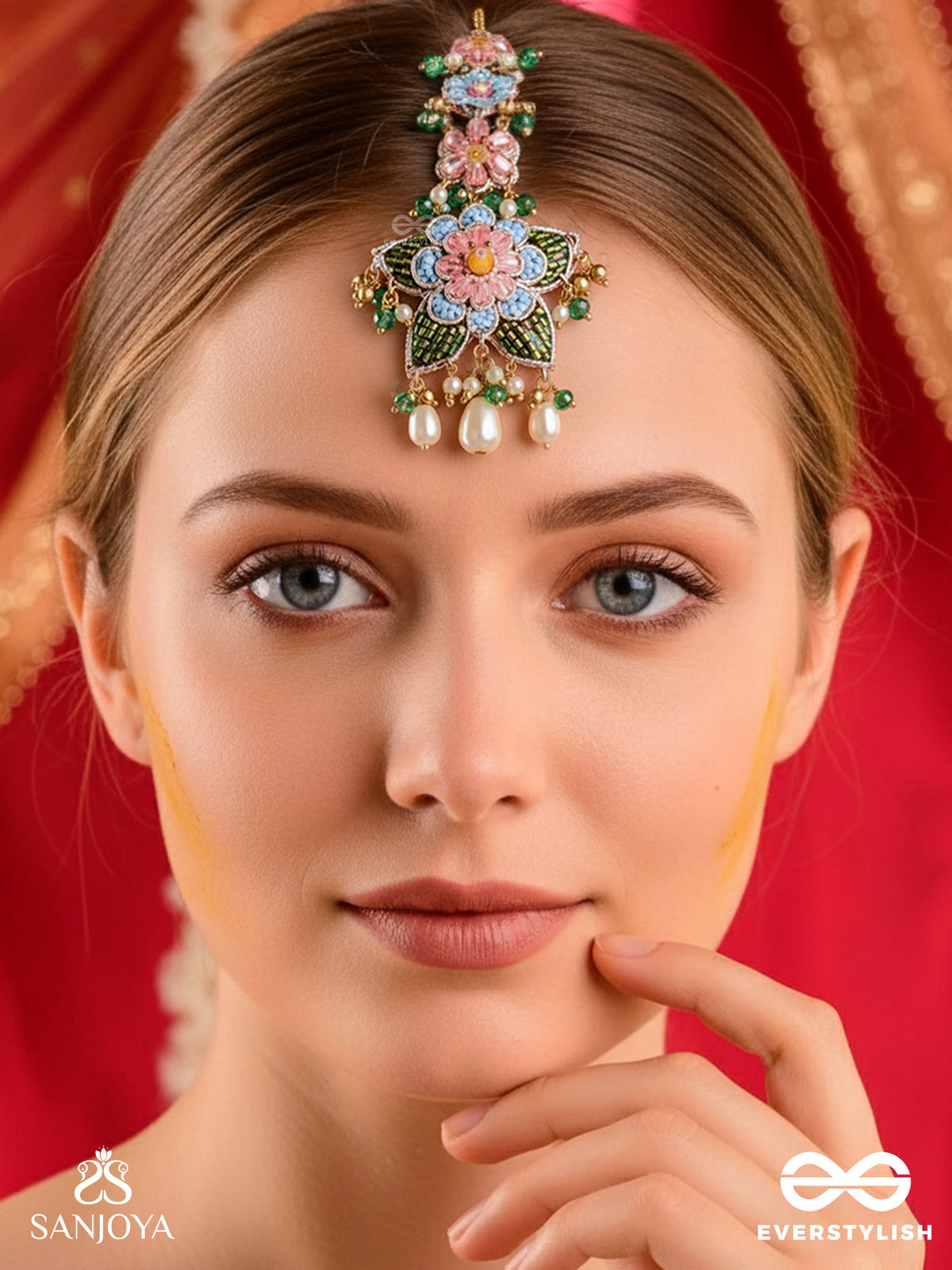 Madhuvrata - Spring Bloom - Delicate Embroidered Maangtika With Floral Motifs, Beads And Pearl Drops