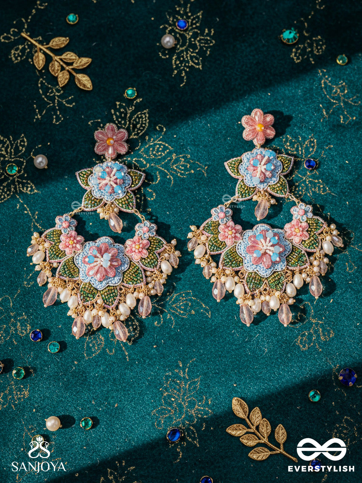 Madhuvrata - Spring Bloom - Delicate Embroidered Earrings With Floral Motifs, Beads And Pearl Drops