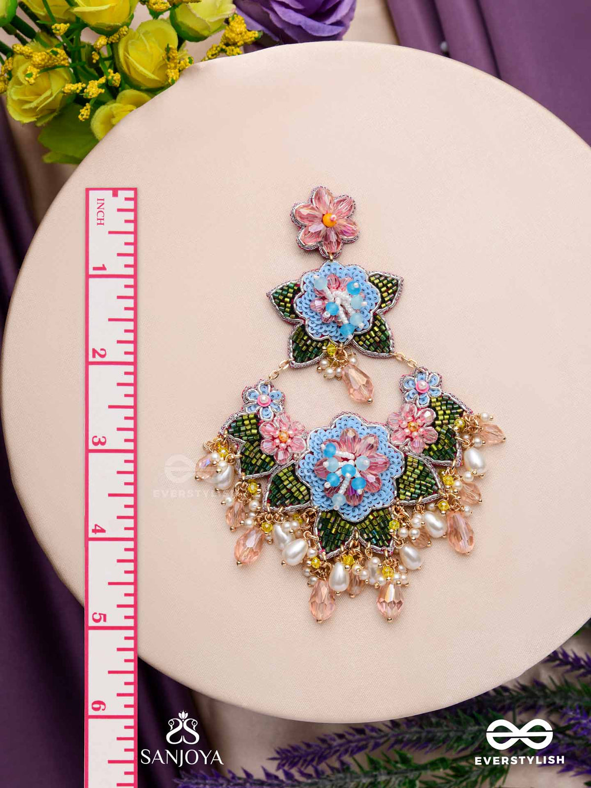 Madhuvrata - Spring Bloom - Delicate Embroidered Earrings With Floral Motifs, Beads And Pearl Drops