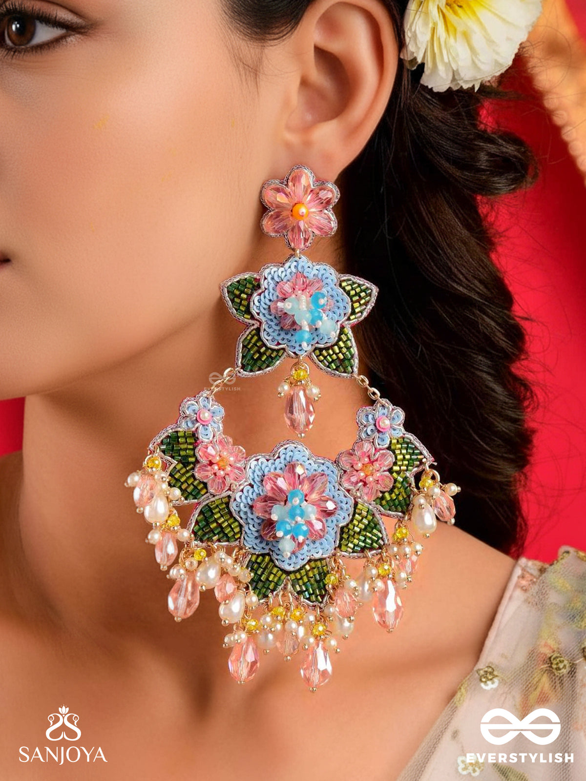 Madhuvrata - Spring Bloom - Delicate Embroidered Earrings With Floral Motifs, Beads And Pearl Drops