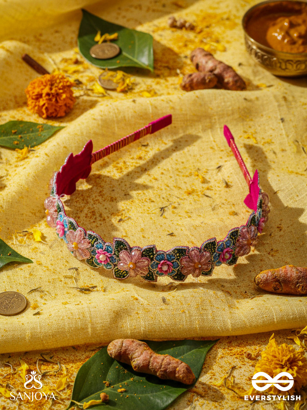 Madhuvrata - Spring Bloom - Delicate Embroidered Hair Accessory With Floral Motifs And Beads