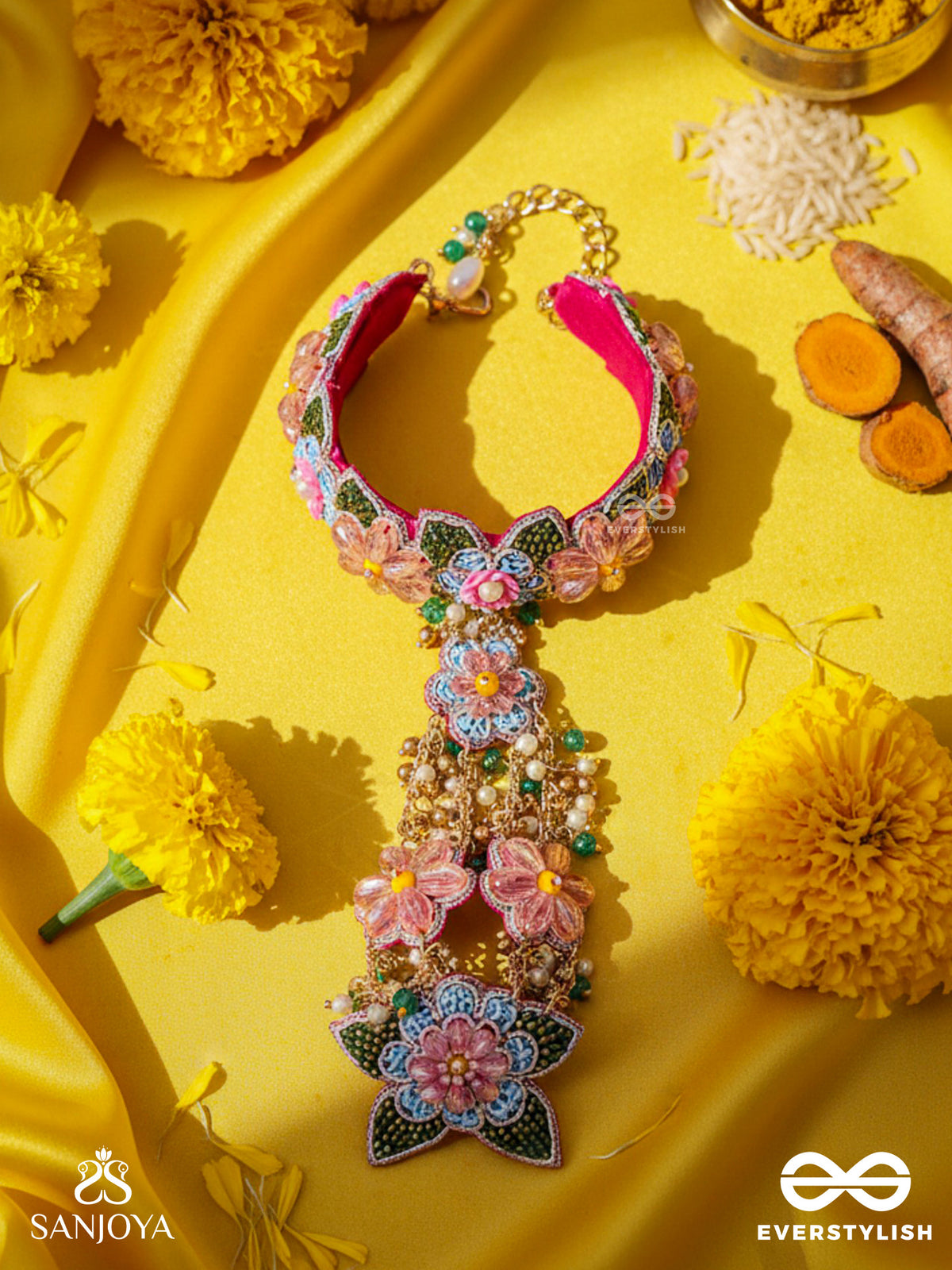 Madhuvrata - Spring Bloom - Delicate Embroidered Haathphool With Floral Motifs, Beads And Pearls
