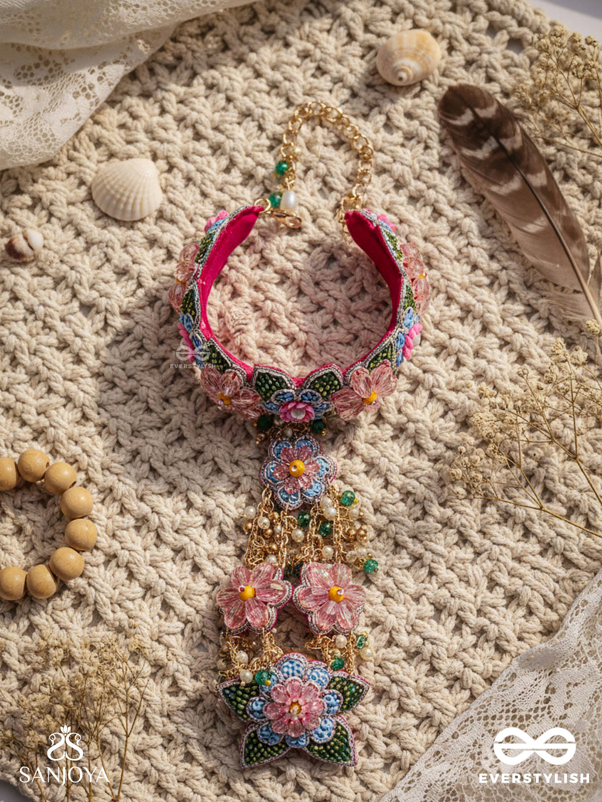Madhuvrata - Spring Bloom - Delicate Embroidered Haathphool With Floral Motifs, Beads And Pearls