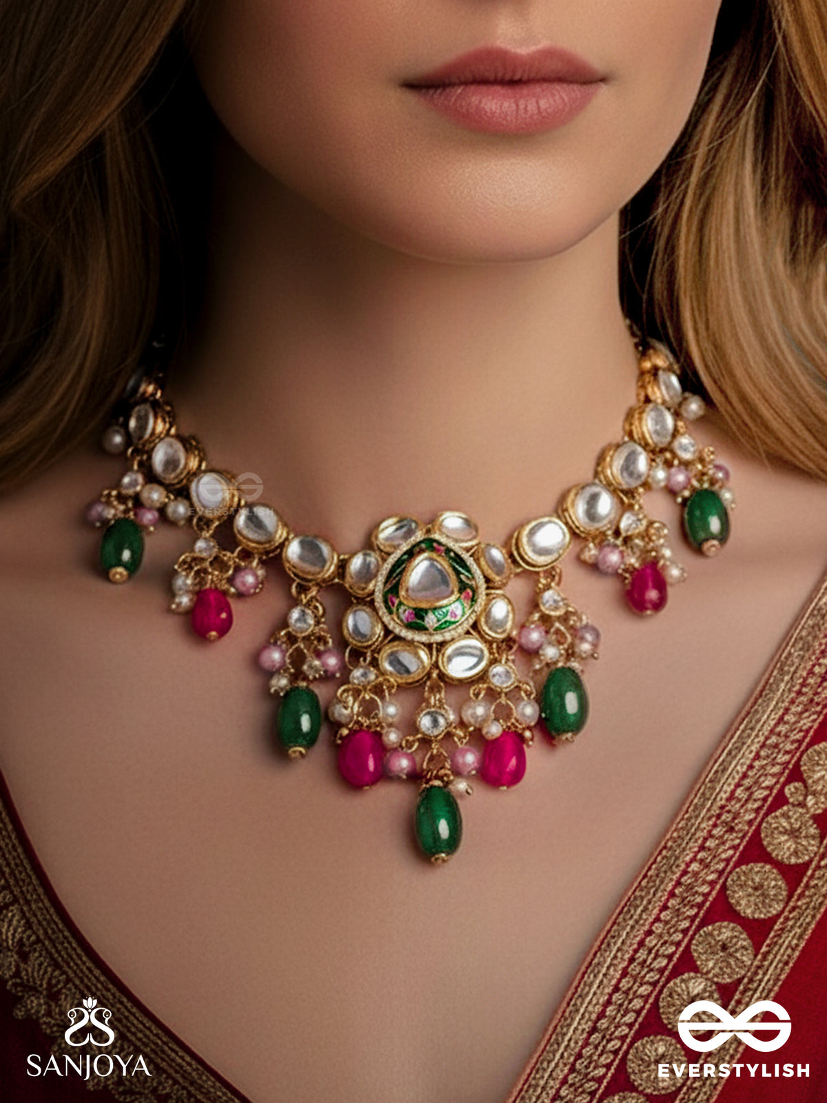 Kiranmala - Garland Of Rays- Exquisite Enamelled Kundan Necklace With Multicolored Drops And Pearls
