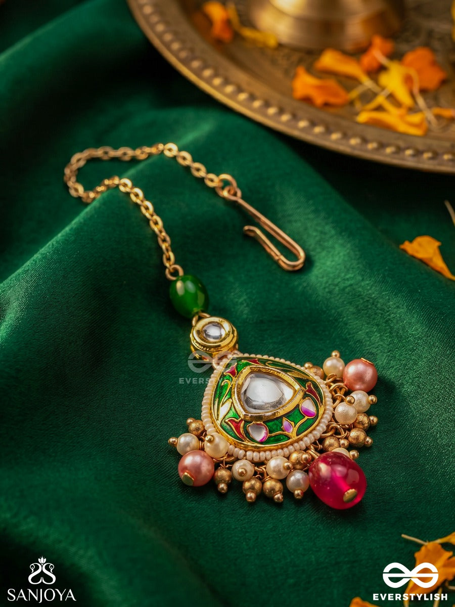 Kiranmala - Garland Of Rays- Exquisite Enamelled Kundan Maangtika With Multicolored Drops And Pearls