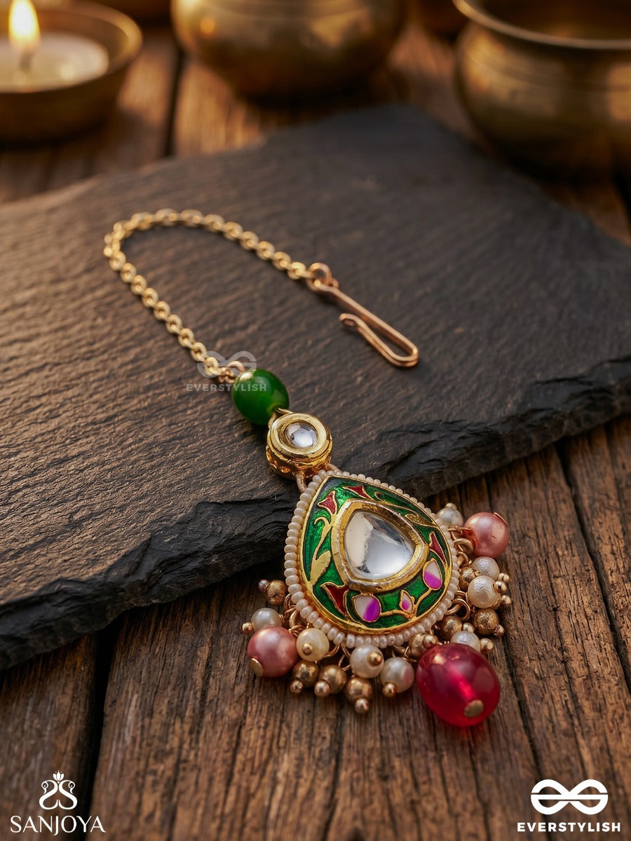 Kiranmala - Garland Of Rays- Exquisite Enamelled Kundan Maangtika With Multicolored Drops And Pearls