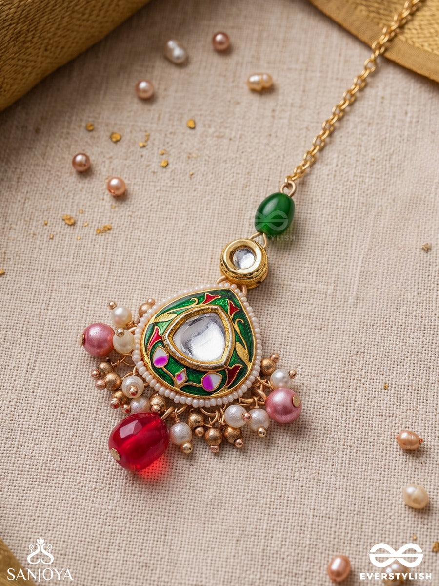 Kiranmala - Garland Of Rays- Exquisite Enamelled Kundan Maangtika With Multicolored Drops And Pearls