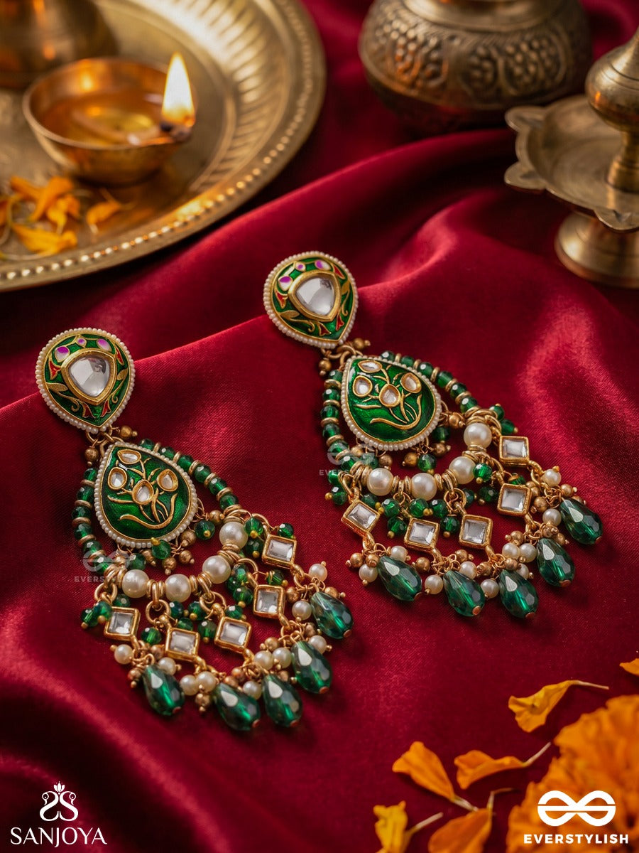 Haritjharna - Green Cascade - Statement Earrings With Enamelled Arch And Dangling Gem Fringe
