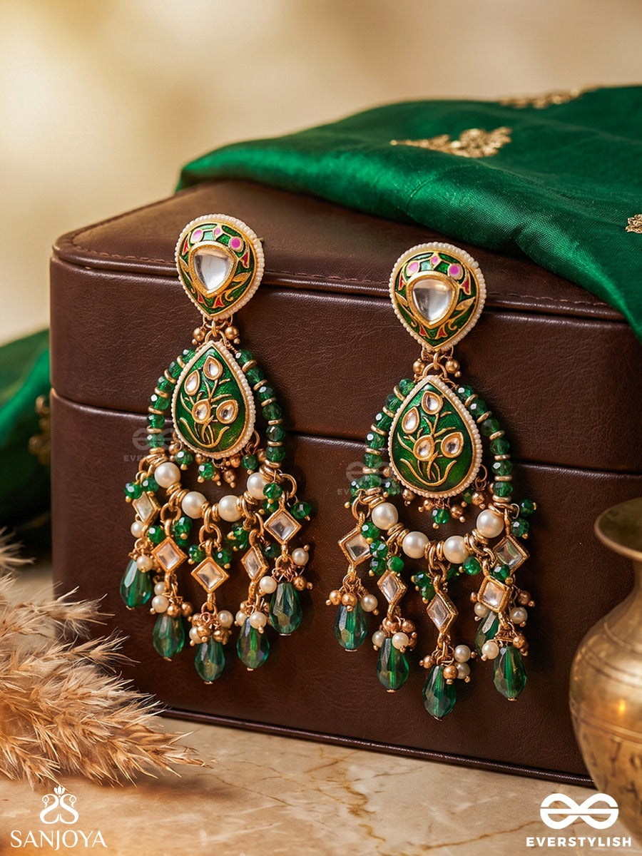 Haritjharna - Green Cascade - Statement Earrings With Enamelled Arch And Dangling Gem Fringe