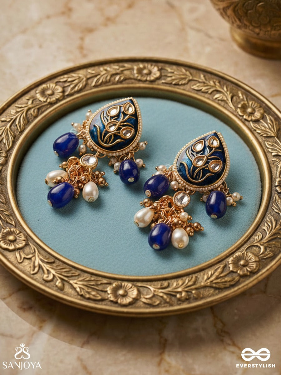 Nilachandrika- Moonlight Of The Blue Sky- Kundan Earrings With Deep Blue Enamel Work With Golden Details, Pearls, And Dazzling Gems