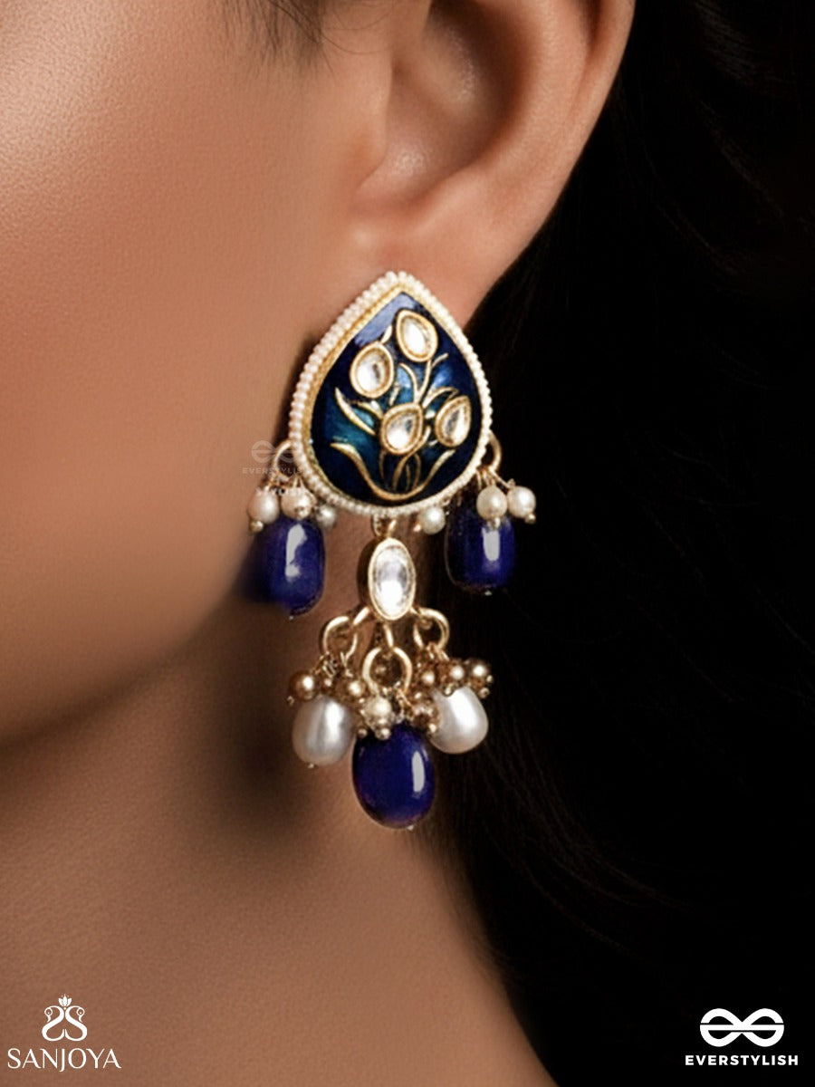 Nilachandrika- Moonlight Of The Blue Sky- Kundan Earrings With Deep Blue Enamel Work With Golden Details, Pearls, And Dazzling Gems