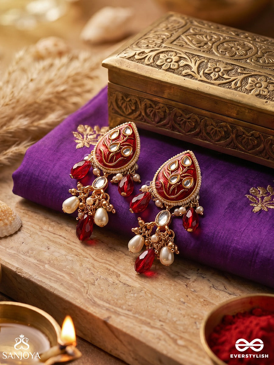 Arunamukhi- Face Of The Red Sun- Glorious Kundan Earrings With Red Enamel Details And Pearl Embellishments