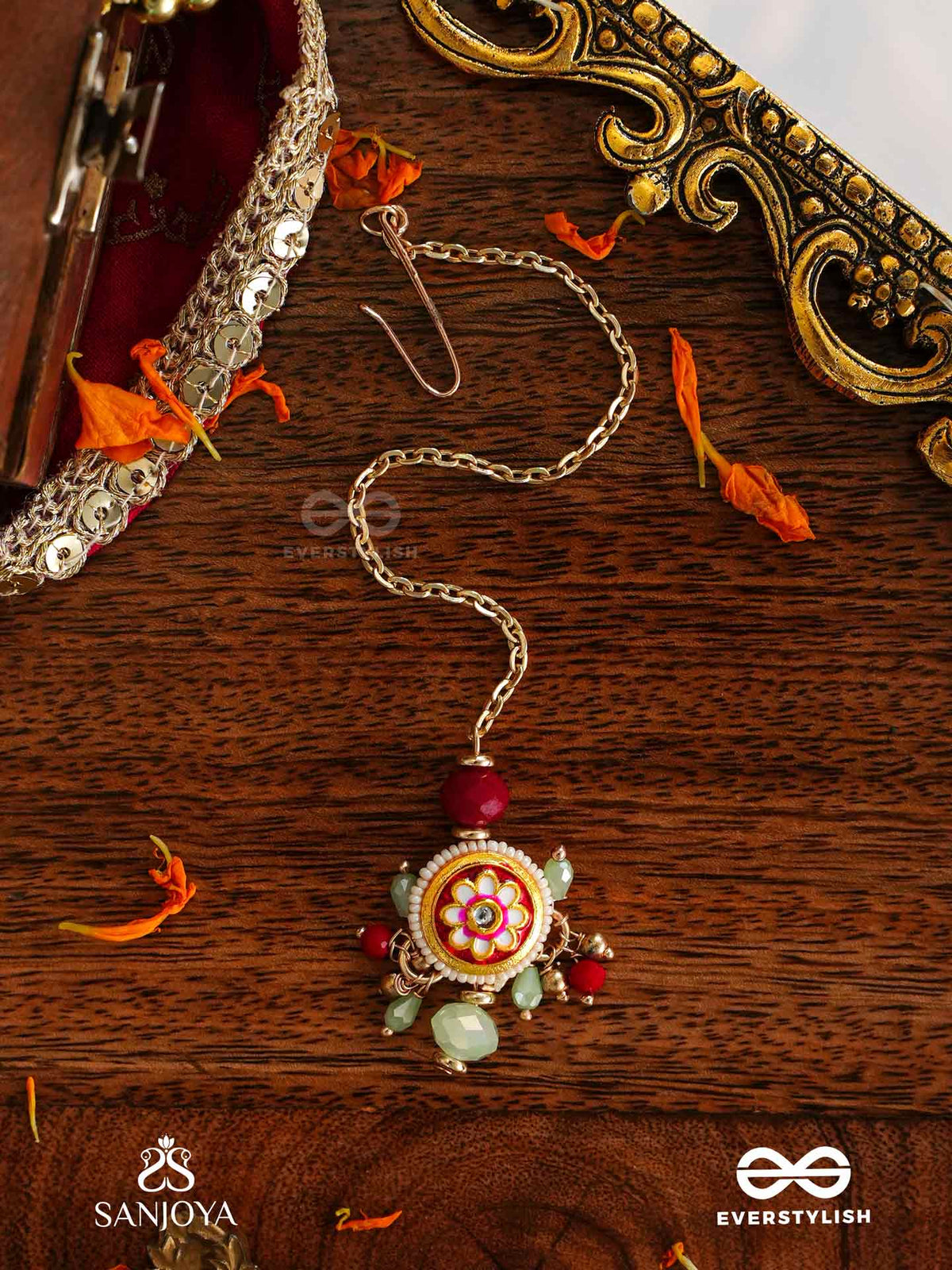 Shonaprabha- Radiance Of Gold And Red - Handmade Kundan Set With Necklace, Earrings And Maangtika